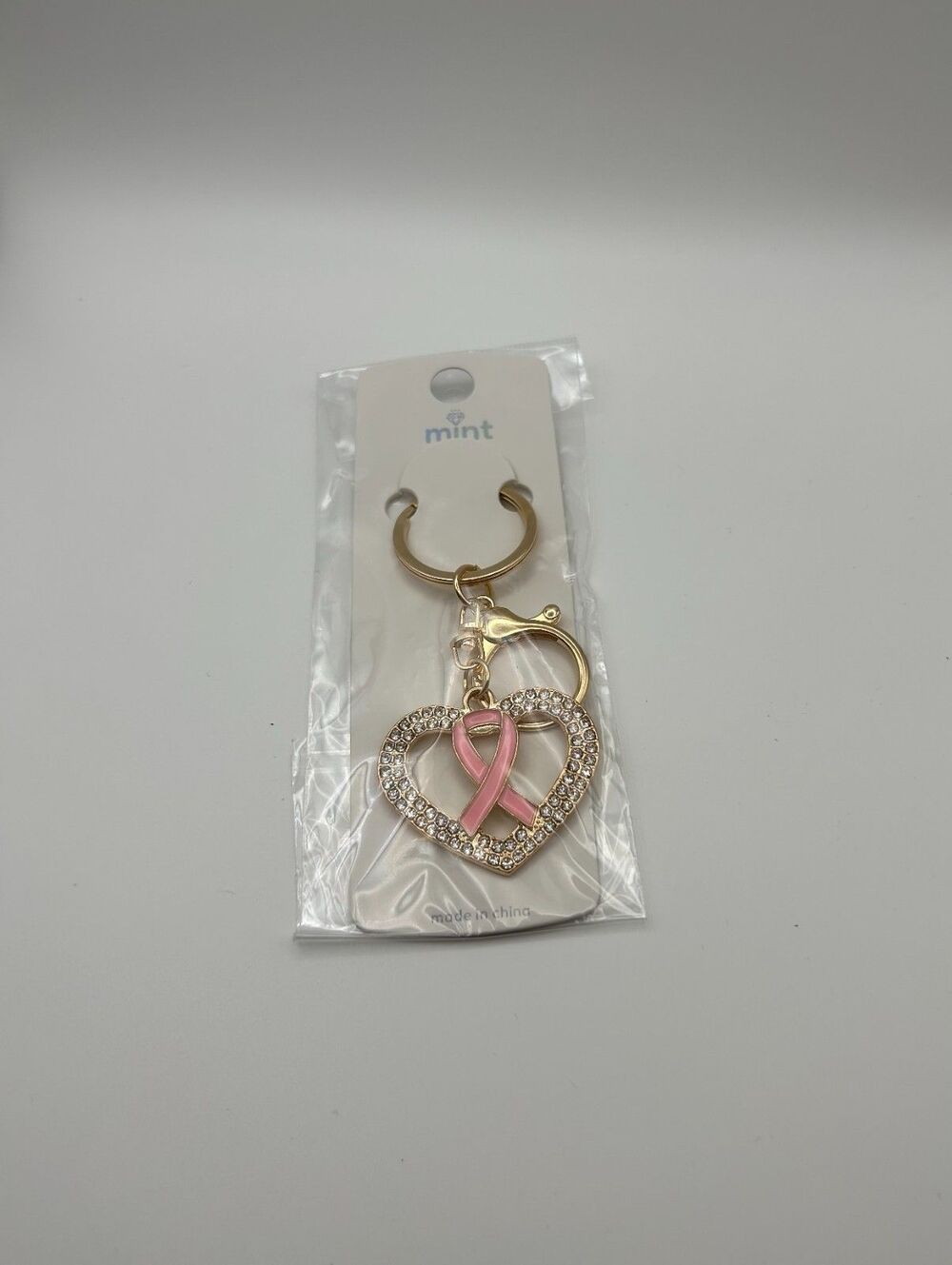 Breast Cancer Awareness Ribbon Keychain Bag Charm Gold Tone Rhinestone Heart NEW